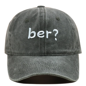 Detailed embroidery of white ber? letters on dark grey washed cotton baseball cap