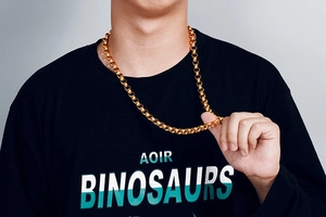 Detail einer goldenen Edelstahl-Gliederkette, getragen von einem Model über einem schwarzen T-Shirt