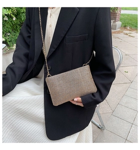 Chic champagne gold rhinestone chain bag worn by a model in a luxury outdoor setting