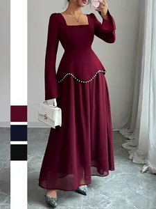 Robe Maxi Élégante Femmes Manches Longues Col Carré Polyester Künstliche Perles Taille Soirée Ligne A Couleur Unie