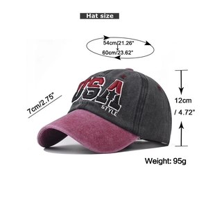 Detailed size chart of USA embroidered baseball cap with 7cm brim and adjustable strap