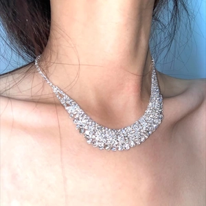 Close-up of sparkling multi-row rhinestone fringe necklace on neck for elegant look