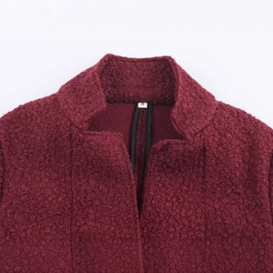 Women's French retro slim fit wool blend coat in burgundy boucle texture, front view