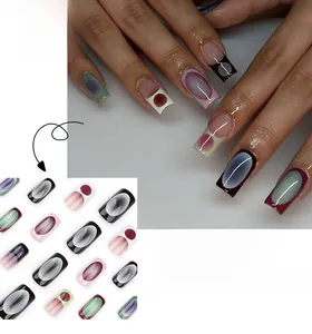 Detail view of medium-long square fake nails featuring cat-eye and gradient designs