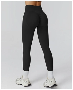 Close-up of high-waist scrunch butt leggings in black with ribbed waistband for fitness