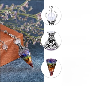Macro view of 6-faceted resin pendulum pendant featuring natural colorful chip gemstones