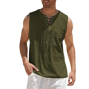 Men's army green cotton linen sleeveless henley shirt with lace-up collar and chest pocket