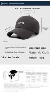 Guide des tailles casquette unisexe visière 7,5cm et tour de tête réglable 56-60cm
