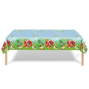 Vibrant farm theme tablecloth featuring blue sky, barn, and cartoon animal illustrations