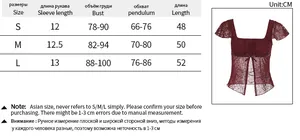 Detailed size chart for the square neck flutter sleeve top with wine red lace visual
