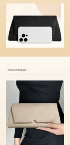 Detail of evening clutch bags showing V-shape metal trim and size comparison with phone