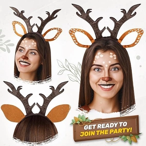 Detail showing plush reindeer antler headband with brown ears and white spotted patterns