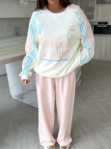 Women Retro Color Block Letter Print Sweatshirt And Pants Cotton Polyester Blend Loose Casual Streetwear Long Sleeve