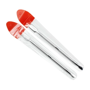 Dual-head stainless steel nail cuticle pusher tools in clear plastic packaging