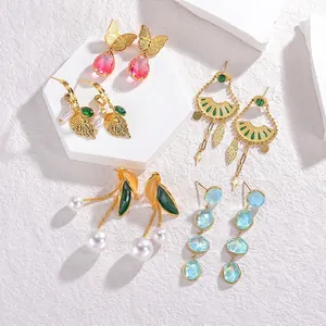 Vintage Bohemian Drop Earrings Stainless Steel 14K Gold Plated Faux Artificial Pearl Enamel Leaf Butterfly Tassel Fashionable Women Accessory