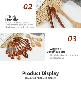 Detail of handcrafted long-handle wooden spoons in natural dark and light wood finishes