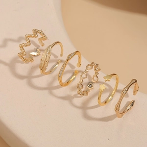 Adjustable Open Rings Copper Zircon Heart Feather Bamboo Star Gold Plated Fashion Jewelry Women