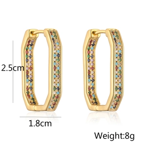Detailed view of 18k gold-plated geometric earrings with colorful cubic zirconia stones