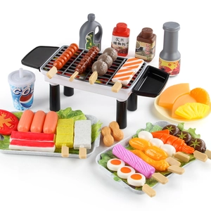 Kids pretend play BBQ grill set with toy skewers, sauces, and colorful play food accessories