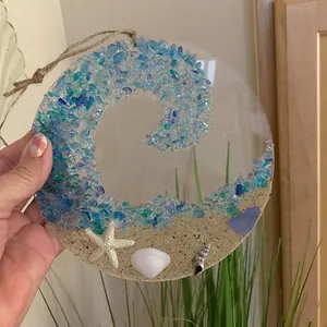 Ocean wave sea glass suncatcher with real shells and starfish for beach themed wall decor