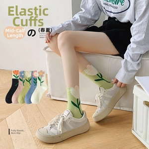 Detail of tulip floral patterns and elastic cuffs on assorted pastel cotton crew socks