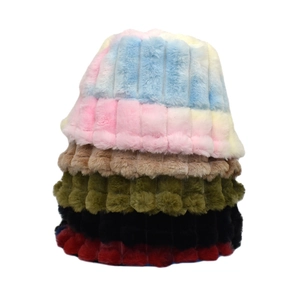 Rainbow tie-dye plush bucket hat for women in soft faux fur with ribbed texture