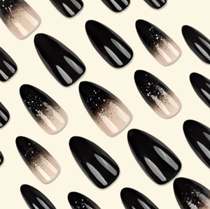 Long almond black ombre press-on nails with silver glitter gradient accents