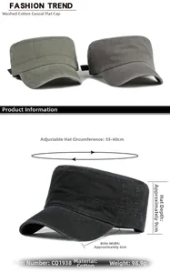 Size guide for vintage washed cotton cadet caps showing measurements and colors