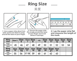 Ring size guide chart in US measurements showing steps for finger size measurement