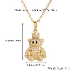 Size specifications for a micro-pave teddy bear pendant with crown and gold chain