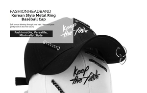Detailed macro view of cotton baseball cap featuring metal rings and chain decorations