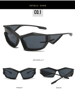 Detailed views of matte black futuristic cat-eye sunglasses including front and back angles