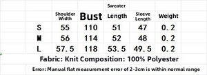 Detailed size chart for knitted sweater featuring measurements for S, M and L sizes