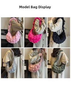Detailed view of quilted heart-pattern crescent bags in six vibrant trendy colors