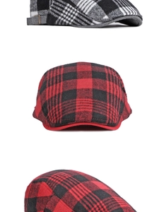 Detail view of plaid wool blend flat cap featuring metal side buckle and textured fabric