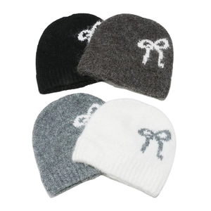 Bow tie knit beanie collection for women in black grey and beige fluffy mohair wool