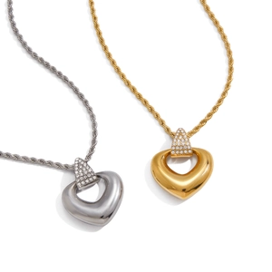 18K gold and silver stainless steel heart necklaces with crystals on twisted rope chains