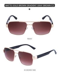 Detailed front and side views of matte gold sunglasses with brown gradient lenses