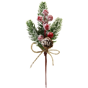 Artificial Christmas pine pick with red berries and snow-dusted pinecone on white base