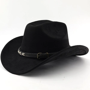 Detail of black suede cowboy hat featuring vintage leather band with white cross stitching