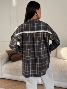 Women's plaid shirt with delicate white lace back detailing and relaxed oversized fit