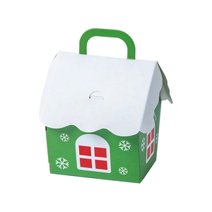 Christmas house shaped green paper candy gift box with snowflake patterns and handle