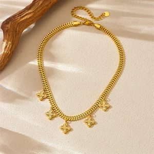 Gold-plated stainless steel woven necklace featuring multiple zircon clover pendants