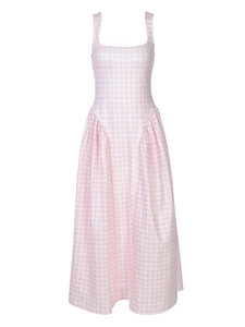 French style pink and white plaid sundress with a waist-defining A-line silhouette