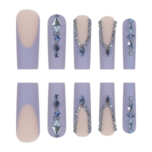 French mauve and pink long trapezoid press-on nails with blue rhinestones and chain
