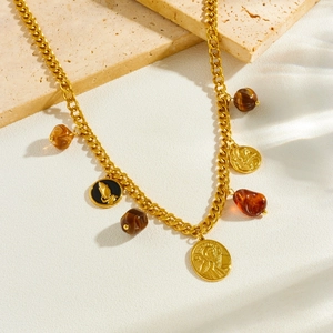 Vintage gold plated stainless steel curb chain necklace with portrait medallions and tiger eye beads