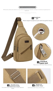 Detail of khaki canvas sling bag featuring headphone port and reinforced metal zippers