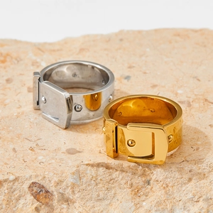 Polished stainless steel belt buckle ring set in gold and silver on natural stone