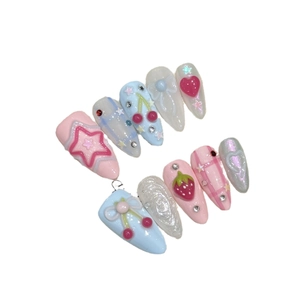Handmade fruit soda press-on nails with 3D strawberry, cherry, and pink plaid design