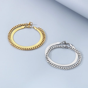 18K gold plated stainless steel double layer snake and cuban chain bracelet set